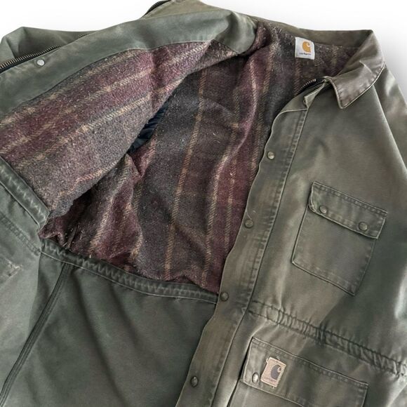 Vtg 1990s Carhartt Jacket PB1366 Dark Olive Green Blanket Lined Duck Trail Parka - Picture 5 of 11